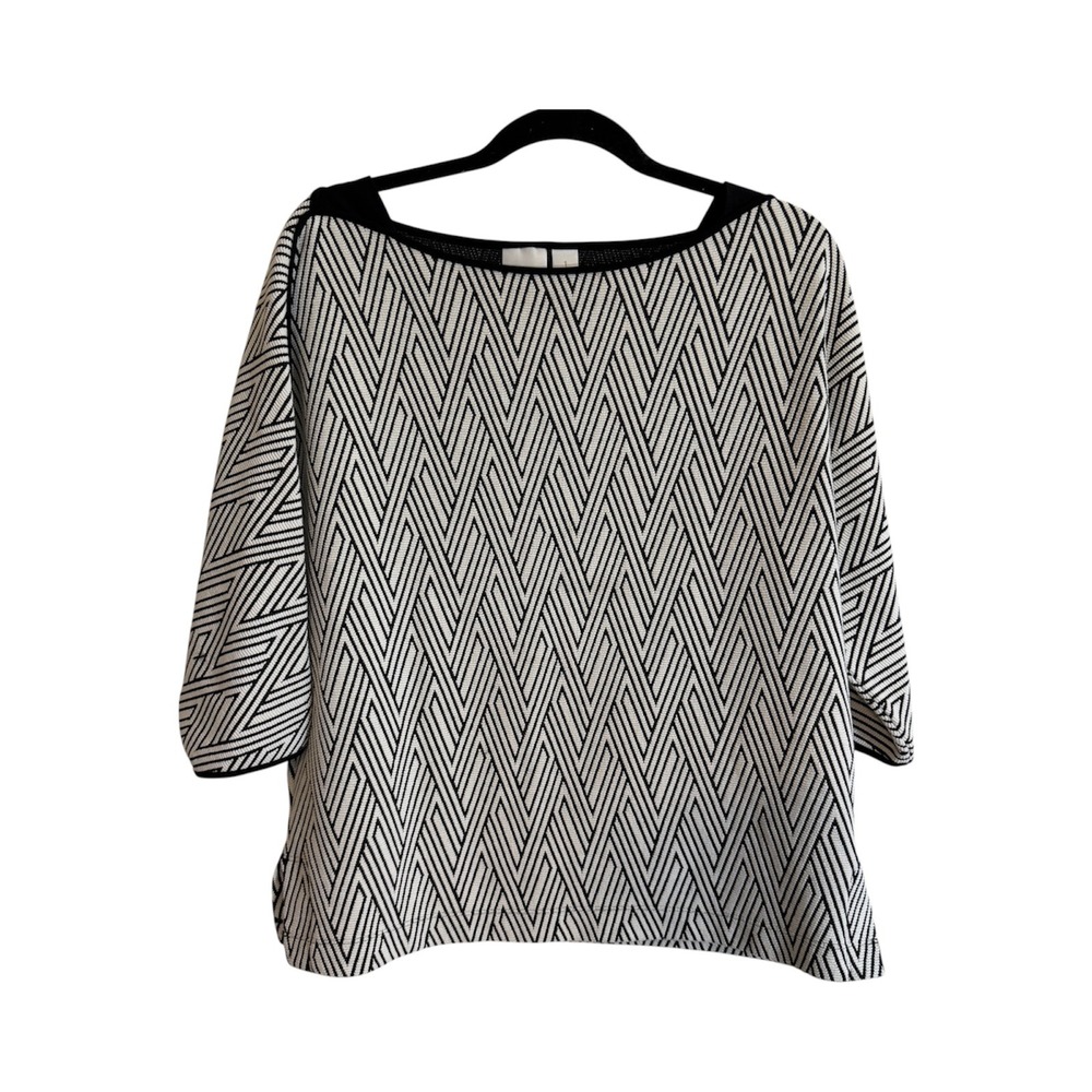 Chico's Boat Neck Top Womens 1 Black White Geometric Knit 3/4 Sleeve Casual